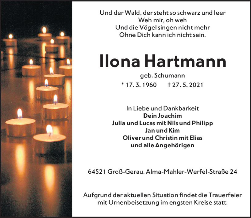  Traueranzeige für Ilona Hartmann vom 05.06.2021 aus vrm-trauer