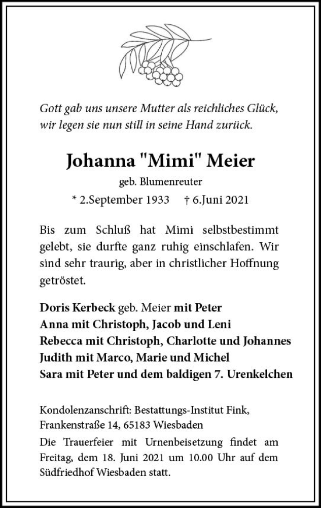  Traueranzeige für Johanna Meier vom 12.06.2021 aus vrm-trauer
