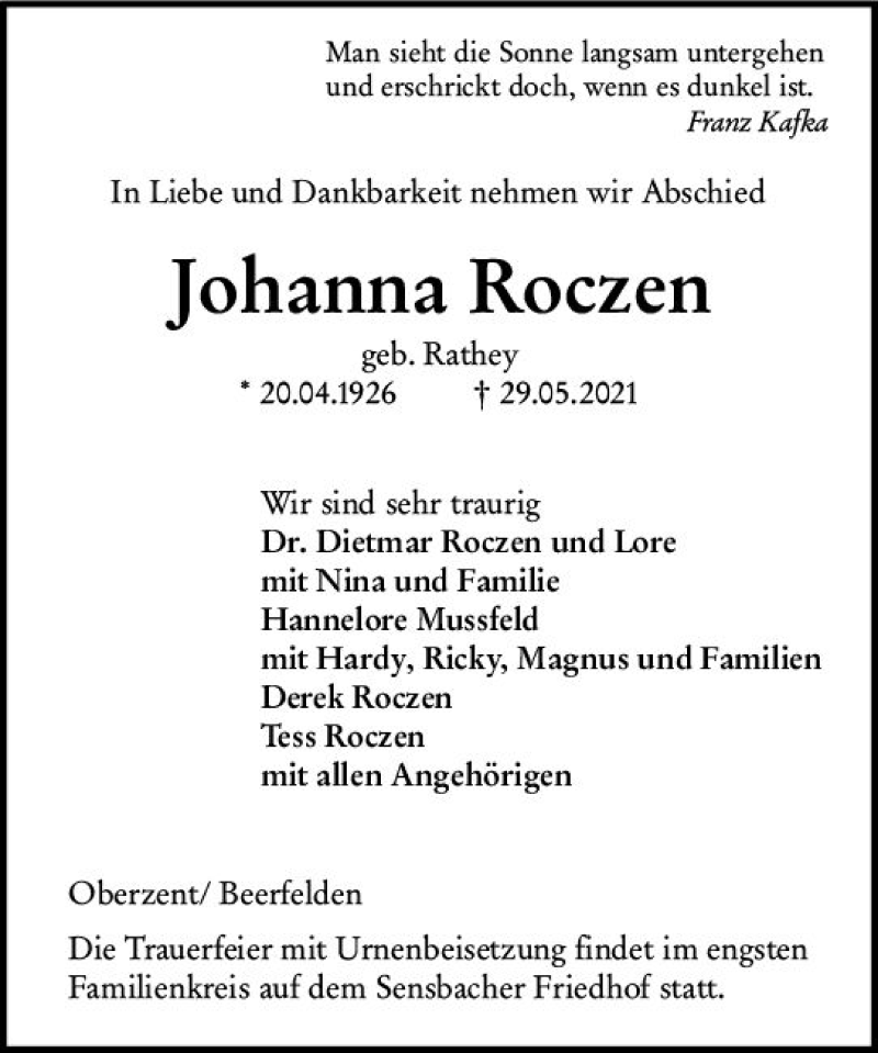  Traueranzeige für Johanna Roczen vom 05.06.2021 aus vrm-trauer