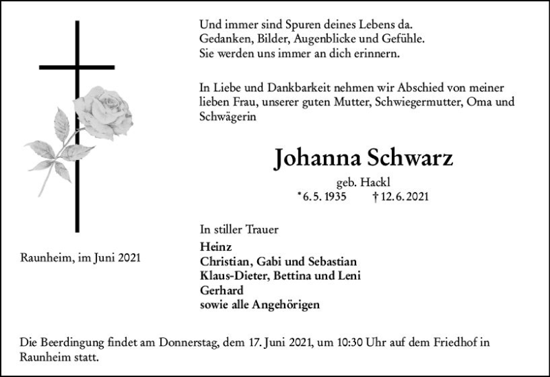 Traueranzeige für Johanna Schwarz vom 15.06.2021 aus vrm-trauer