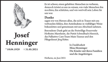 Traueranzeige von Josef Henninger von vrm-trauer