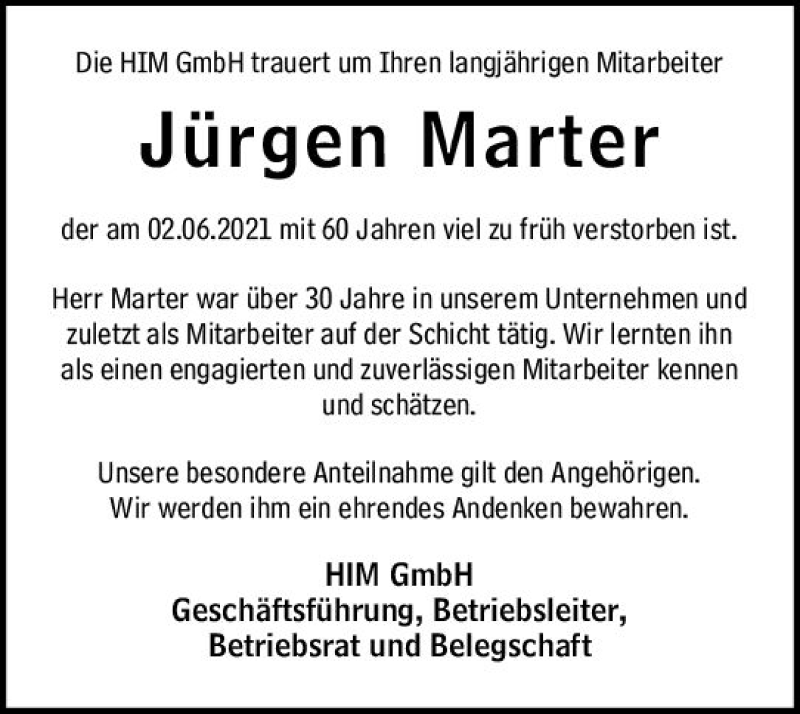  Traueranzeige für Jürgen Marter vom 12.06.2021 aus vrm-trauer