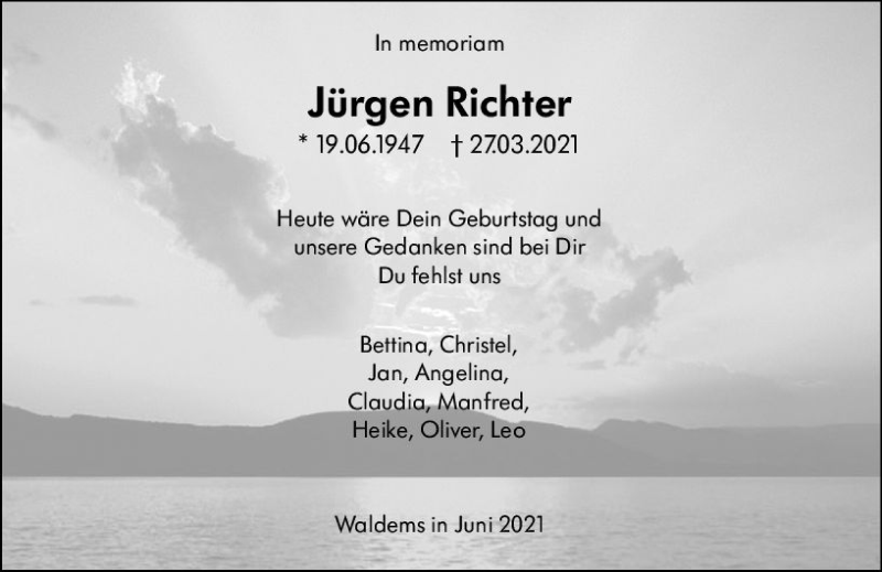  Traueranzeige für Jürgen Richter vom 19.06.2021 aus vrm-trauer