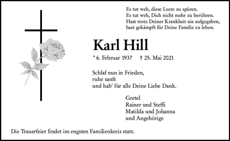  Traueranzeige für Karl Hill vom 01.06.2021 aus vrm-trauer