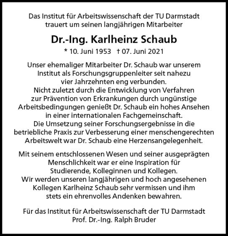  Traueranzeige für Karlheinz Schaub vom 19.06.2021 aus vrm-trauer