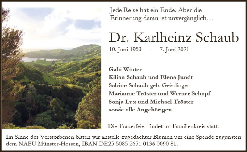  Traueranzeige für Karlheinz Schaub vom 12.06.2021 aus vrm-trauer