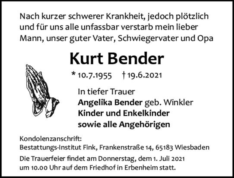 Traueranzeige für Kurt Bender vom 26.06.2021 aus vrm-trauer