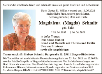 Traueranzeige von Magdalena  Schmitt von vrm-trauer