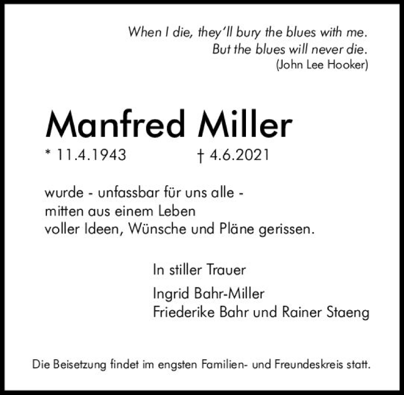  Traueranzeige für Manfred Miller vom 19.06.2021 aus vrm-trauer