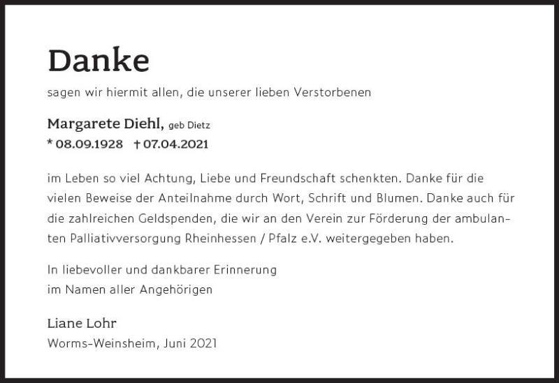  Traueranzeige für Margarete Diehl vom 02.06.2021 aus vrm-trauer