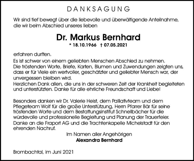  Traueranzeige für Markus Bernhard vom 05.06.2021 aus vrm-trauer