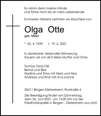 Traueranzeige von Olga Otte von vrm-trauer