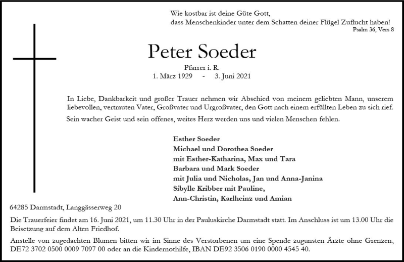  Traueranzeige für Peter Soeder vom 12.06.2021 aus vrm-trauer
