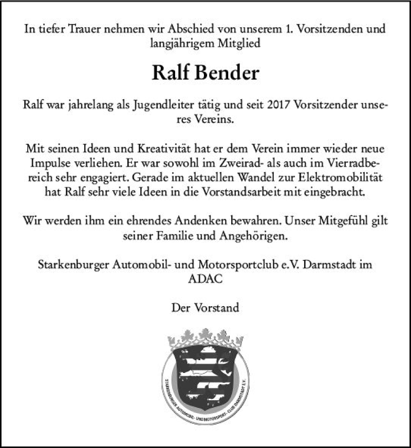  Traueranzeige für Ralf Bender vom 26.06.2021 aus vrm-trauer