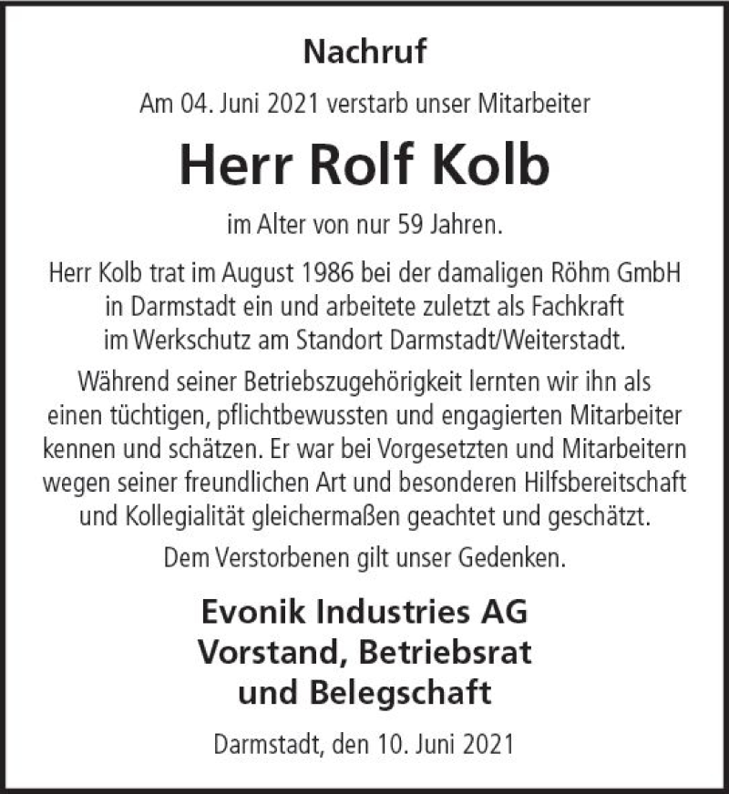  Traueranzeige für Rolf Kolb vom 11.06.2021 aus vrm-trauer