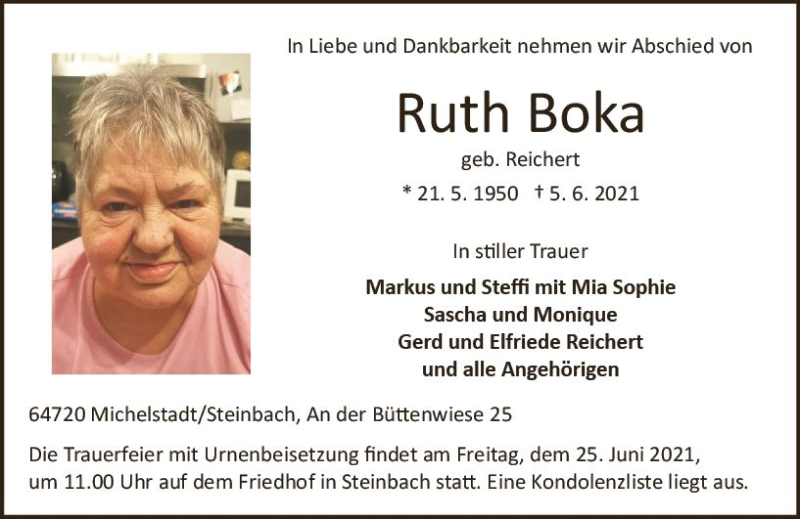  Traueranzeige für Ruth Boka vom 19.06.2021 aus vrm-trauer