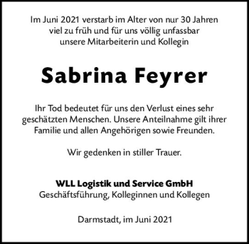 Traueranzeige von Sabrina Feyrer von vrm-trauer