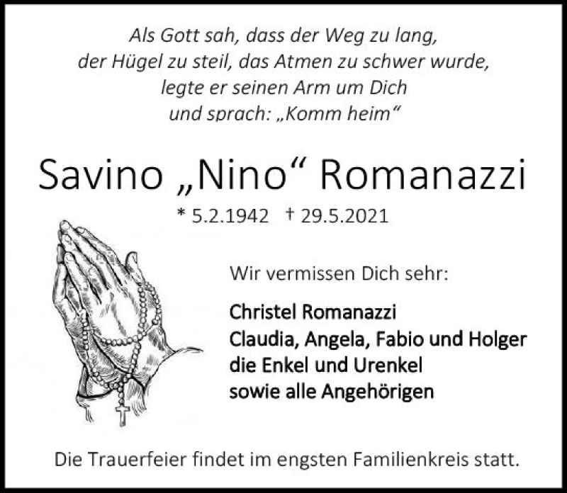  Traueranzeige für Savino Romanazzi vom 05.06.2021 aus vrm-trauer