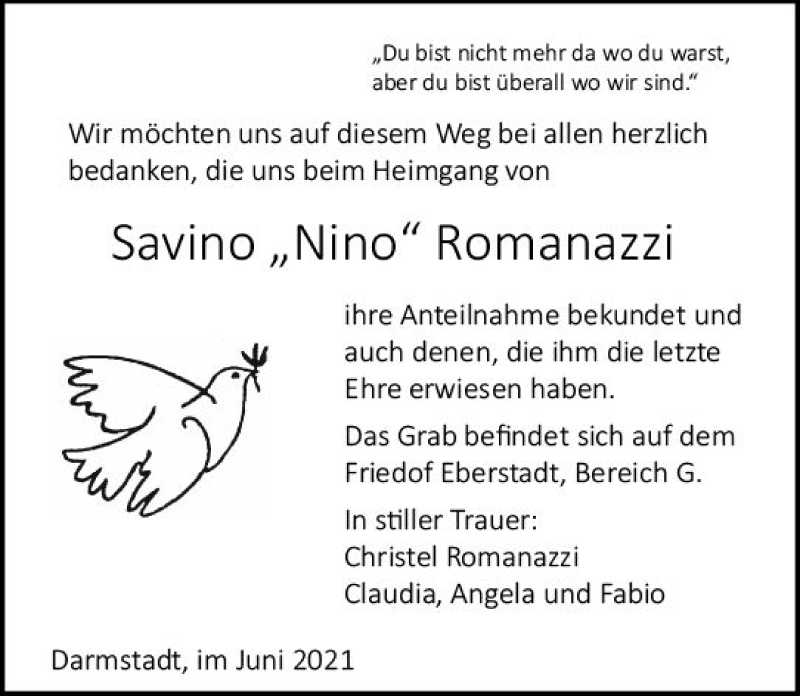  Traueranzeige für Savino  Romanazzi vom 26.06.2021 aus vrm-trauer