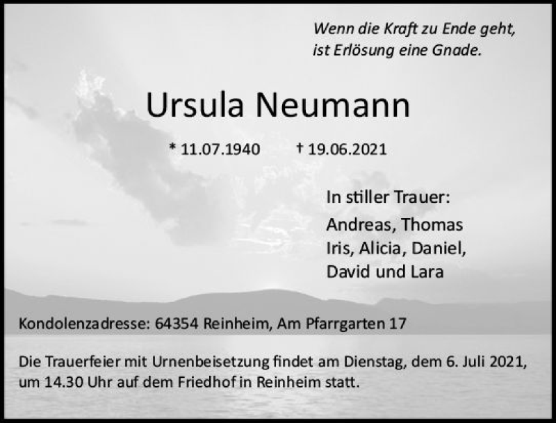  Traueranzeige für Ursula Neumann vom 26.06.2021 aus vrm-trauer