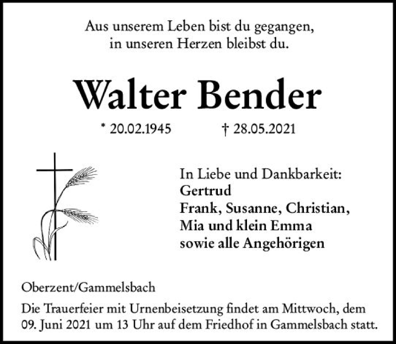  Traueranzeige für Walter Bender vom 08.06.2021 aus vrm-trauer
