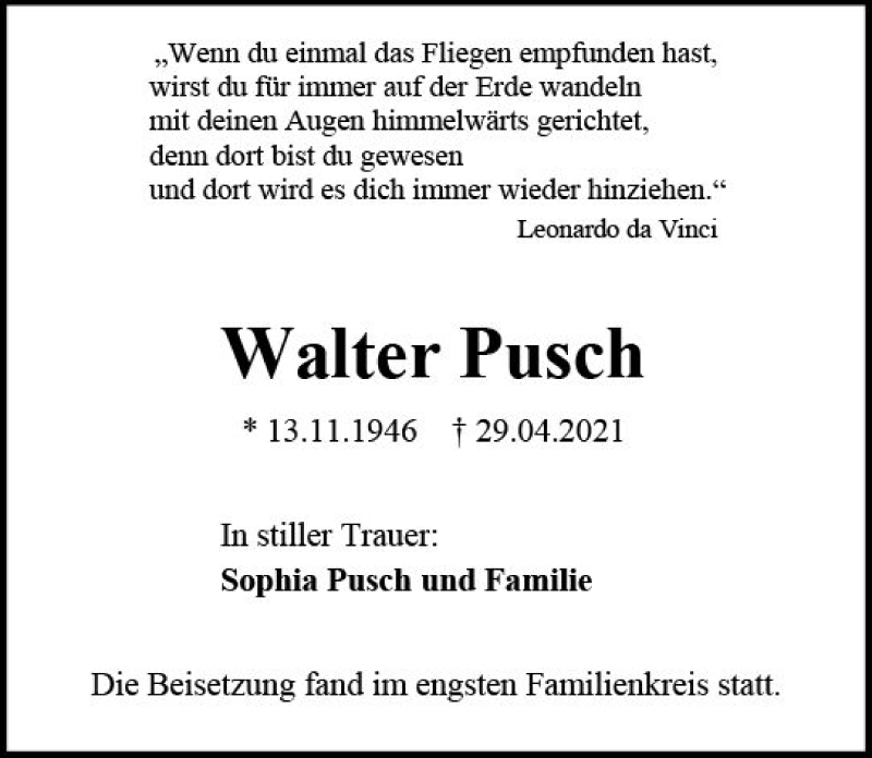  Traueranzeige für Walter Pusch vom 12.06.2021 aus vrm-trauer