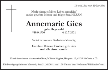 Traueranzeige von Annemarie Gies von vrm-trauer