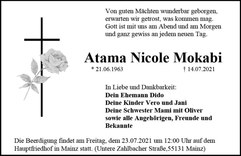  Traueranzeige für Atama Nicole Mokabi vom 17.07.2021 aus vrm-trauer
