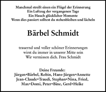 Traueranzeige von Bärbel Schmidt von vrm-trauer