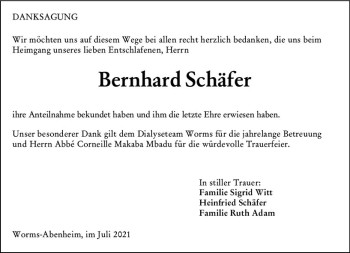Traueranzeige von Bernhard Schäfer von vrm-trauer