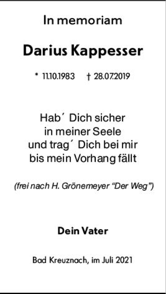  Traueranzeige für Darius Kappesser vom 28.07.2021 aus vrm-trauer