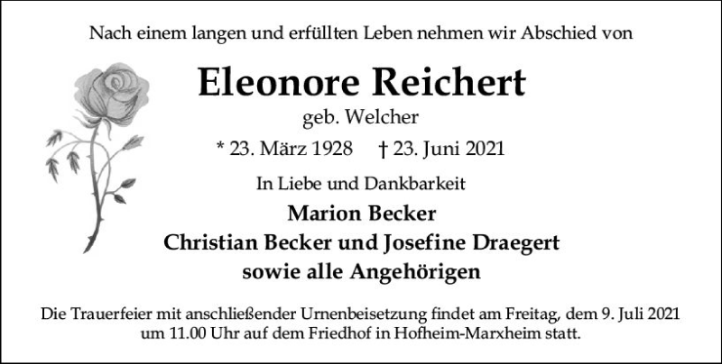  Traueranzeige für Eleonore Reichert vom 09.07.2021 aus vrm-trauer