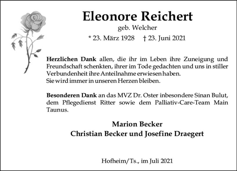  Traueranzeige für Eleonore Reichert vom 23.07.2021 aus vrm-trauer