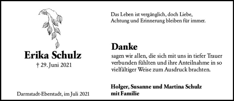 Traueranzeige für Erika Schuh vom 31.07.2021 aus vrm-trauer