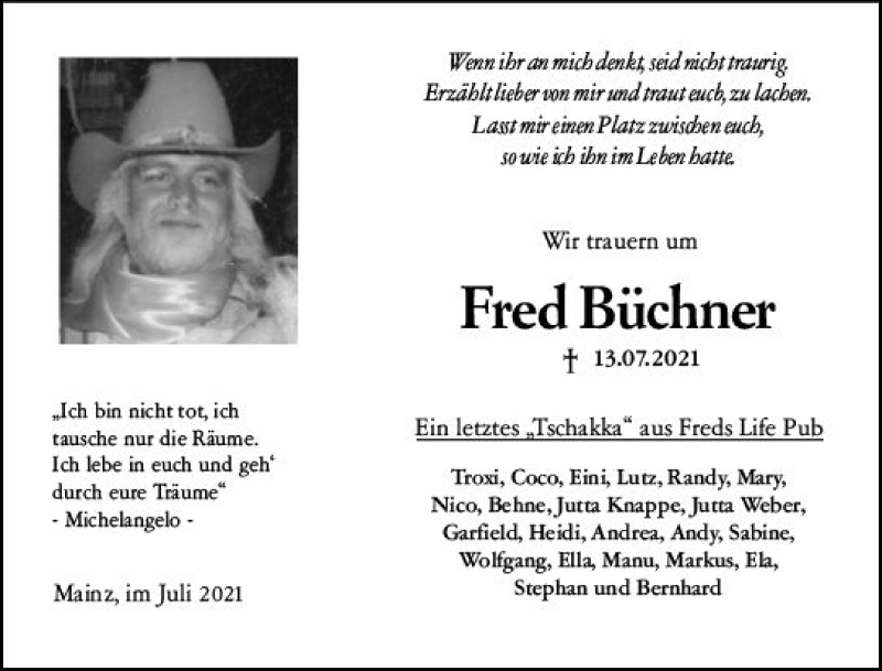  Traueranzeige für Fred Büchner vom 31.07.2021 aus vrm-trauer
