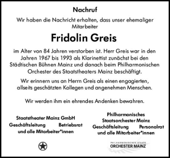 Traueranzeige von Fridolin Greis von vrm-trauer