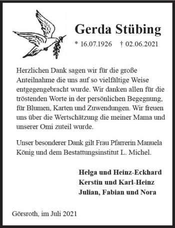 Traueranzeige von Gerda Stübing von vrm-trauer