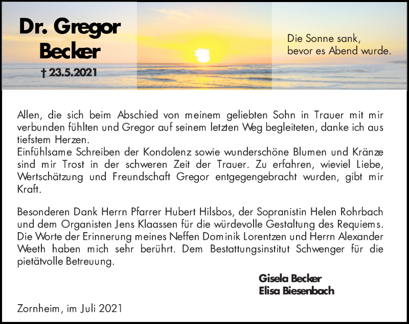  Traueranzeige für Gregor Becker vom 17.07.2021 aus vrm-trauer