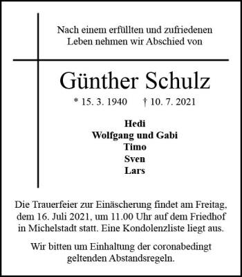 Traueranzeige von Günther Schulz von vrm-trauer