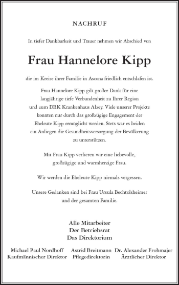 Traueranzeige von Hannelore Kipp von vrm-trauer