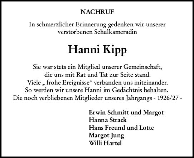  Traueranzeige für Hanni Kipp vom 31.07.2021 aus vrm-trauer