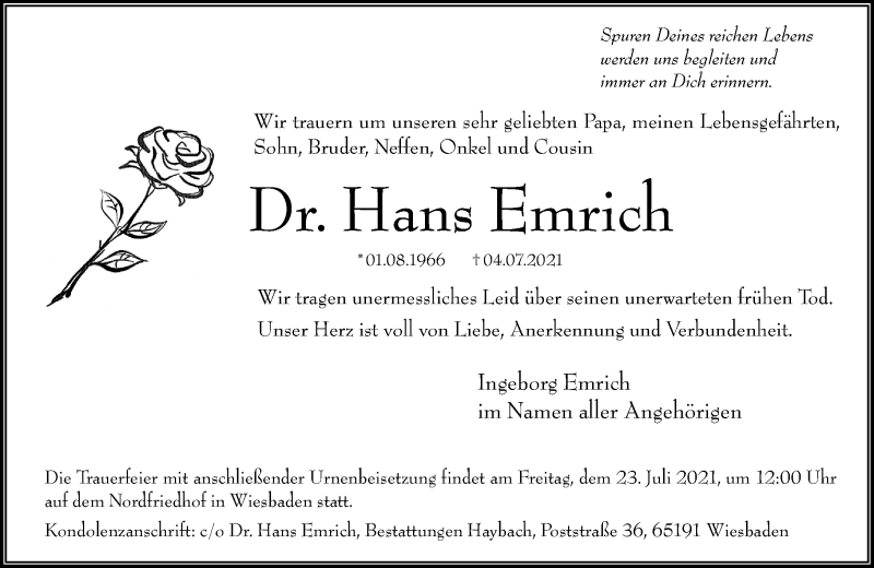  Traueranzeige für Hans Emrich vom 17.07.2021 aus vrm-trauer