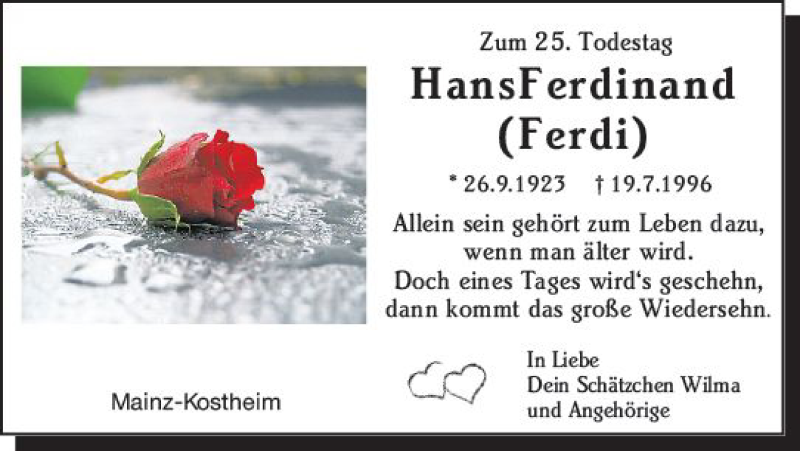  Traueranzeige für Hans Ferdinand vom 19.07.2021 aus vrm-trauer