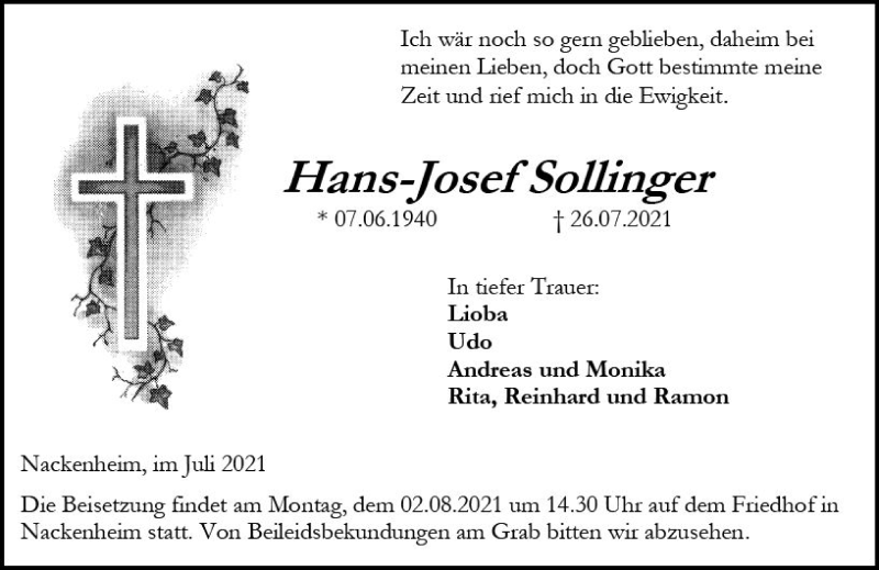  Traueranzeige für Hans-Josef Sollinger vom 31.07.2021 aus vrm-trauer