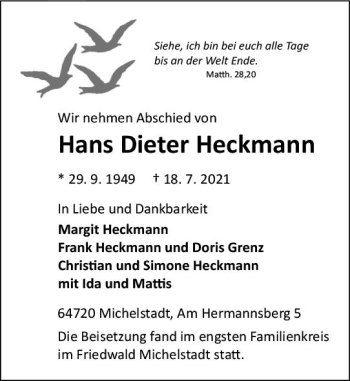 Traueranzeige von Hans Dieter Heckmann von vrm-trauer