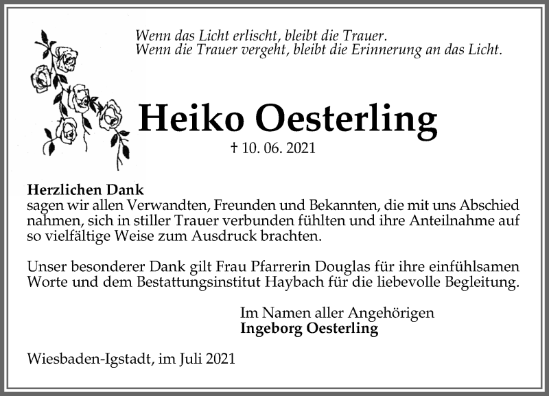  Traueranzeige für Heiko Oesterling vom 17.07.2021 aus vrm-trauer