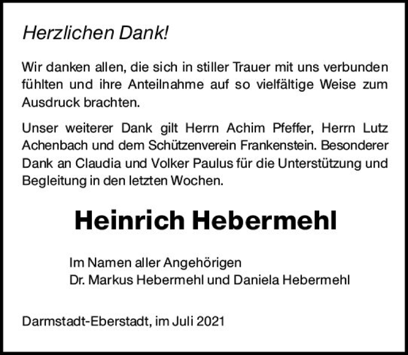  Traueranzeige für Heinrich Hebermehl vom 31.07.2021 aus vrm-trauer