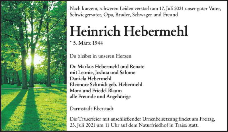  Traueranzeige für Heinrich Hebermehl vom 21.07.2021 aus vrm-trauer