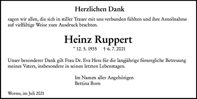 Traueranzeige für Heinz Ruppert vom 31.07.2021 aus vrm-trauer