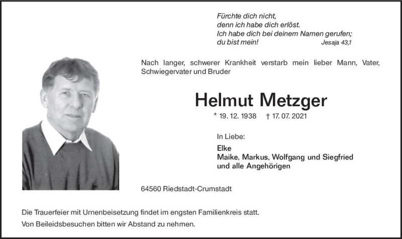  Traueranzeige für Helmut Metzger vom 24.07.2021 aus vrm-trauer